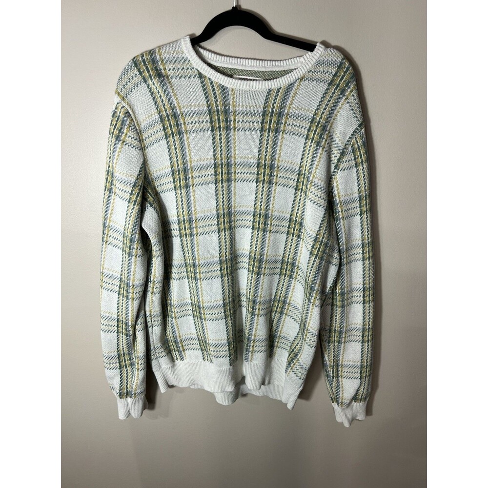 GOODTHREADS Knit 100% Cotton Sweater Crewneck Green Plaid Mens XL Tall  Preppy